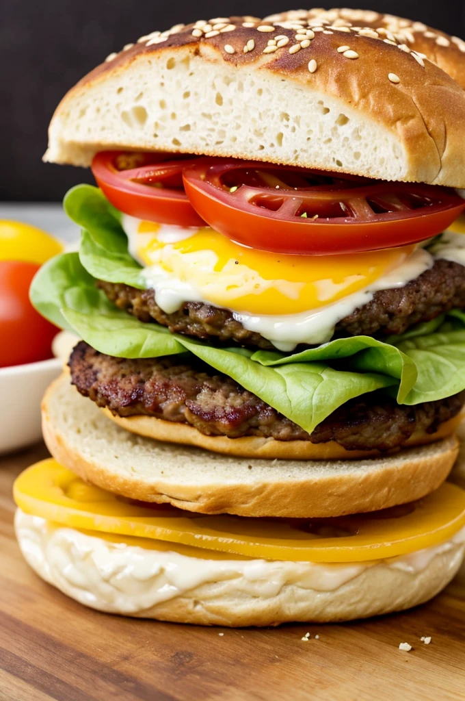 create a hamburger, following this step by step in the following order of ingredients, from bottom to top, first one side of the bun, then a well-cooked egg, then the friboi hamburger meat, then two slices of ham, two slices of cheese , on top of the cheese add three slices of tomato, then 2 slices and lettuce and finally finish with the other side of the bread