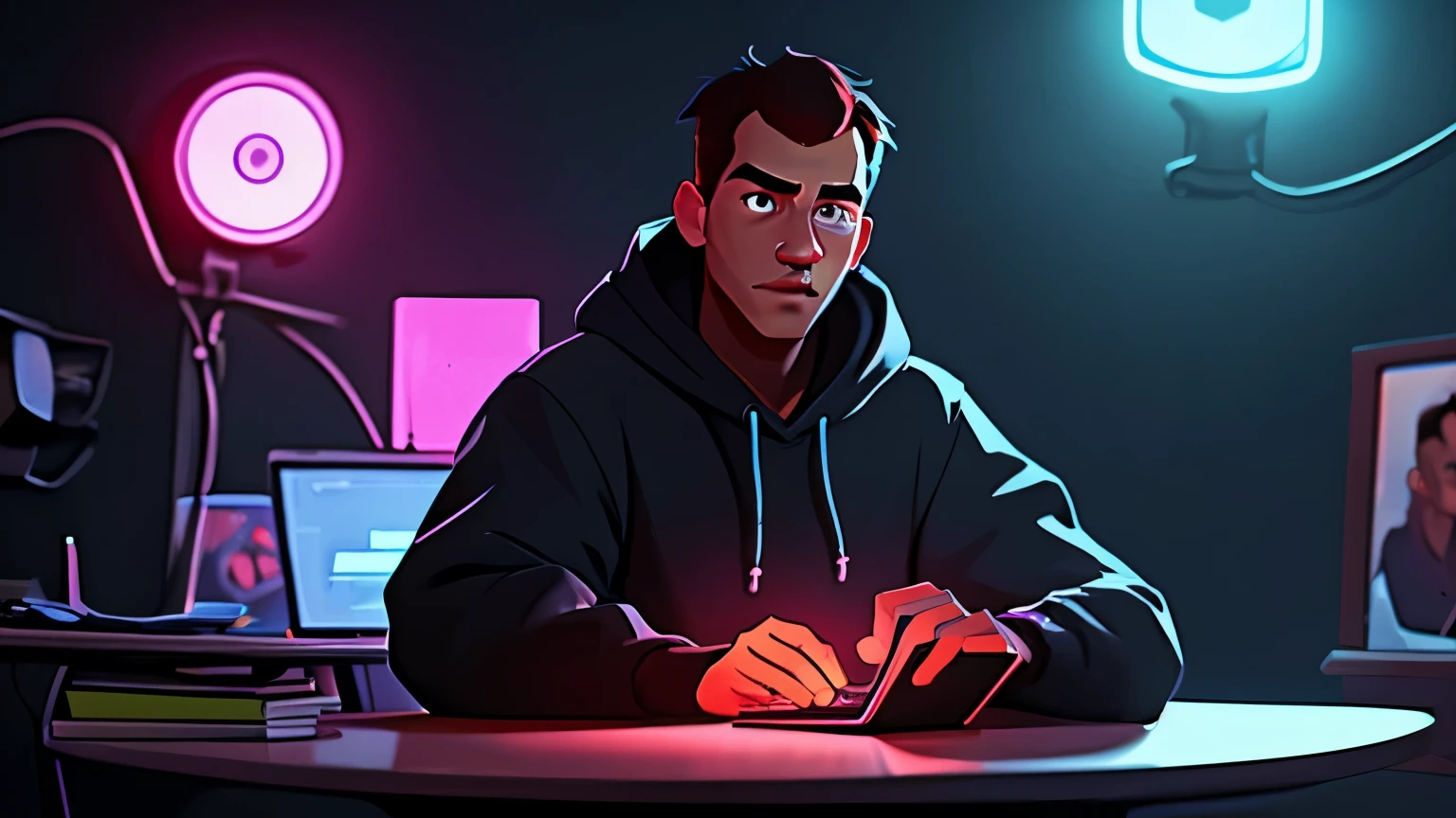 arafed news anchor , a hacker wearing a black hoodie , sitting at a table with a laptop and a microphone, unsplash, realism, , in a streamer studio room, neon ambiance , looking to camera, a photo of a man, portrait shot 8 k, photo portrait, looking towards the camera , ultra detail, high resolution, ultra detailed, best quality, amazing, top quality, extremely detailed CG unity 8k wallpaper, cinematic lighting. , barnet, toon, Pixar-style, 3d, Cartoon s, face detailed, asymmetrical 16k
