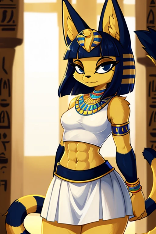 ((best quality)), ((masterpiece)), (detailed), a digital artwork of ankha with abs wearing a crop top of her white sleeveless dress with white long dress skirt, a bare midriff and a bare navel, Egyptian setting, tail, blue Egyptian handbands, furry, anthro style,