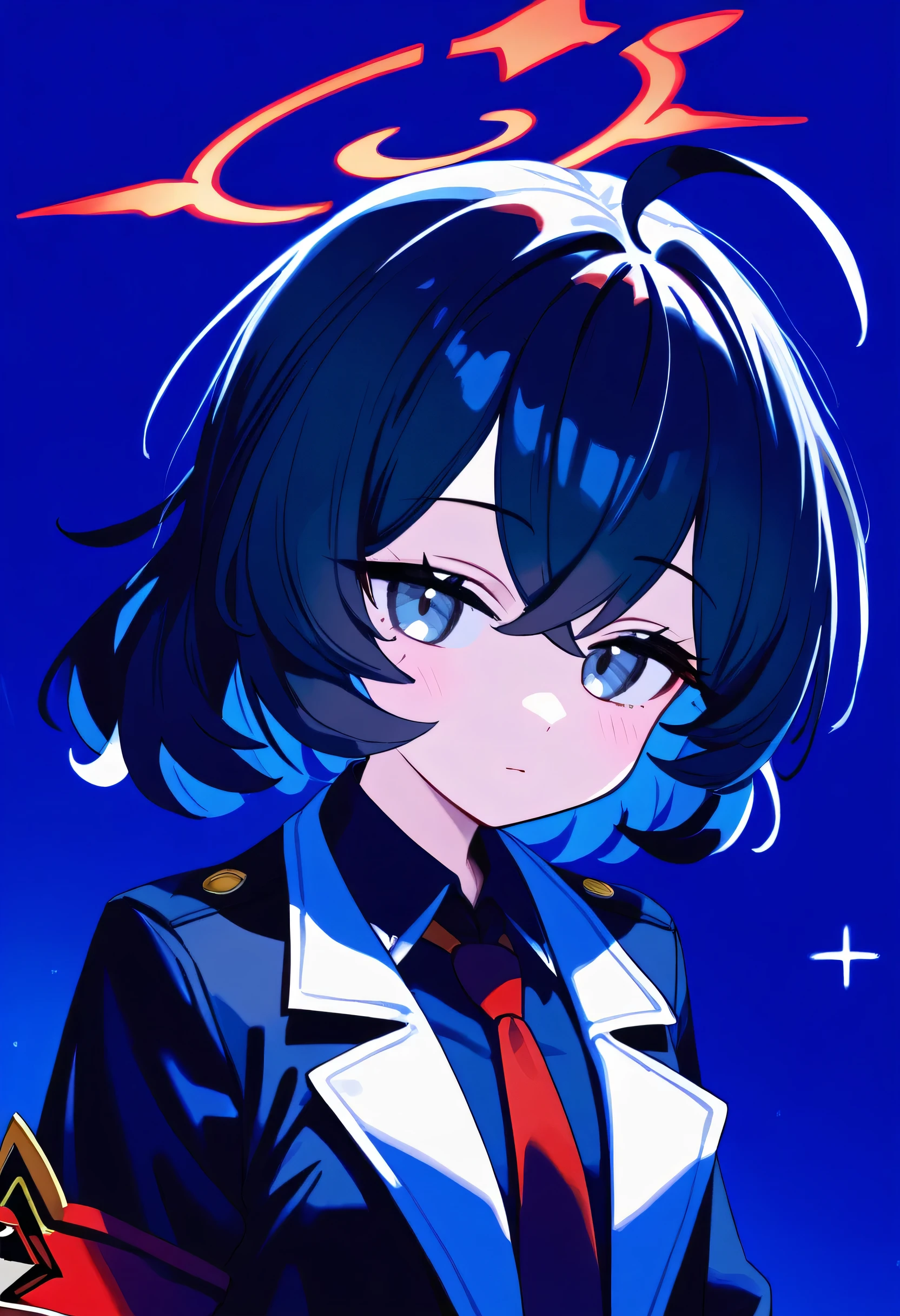 masterpiece, (check_9, check_8_up, check_7_up), 1 girl, Iroha_\(blue_archive\), 1 girl, black hair, (short hair), blue eyes, inexpressive, long_sleeves, ahoge, Red tie, black shirt, red armband, collared shirt, blue halo, black skirt, black raincoat, upper body, portrait, hands at sides, head tilt, White background, masterpiece, Best quality, emotionless, poker face 