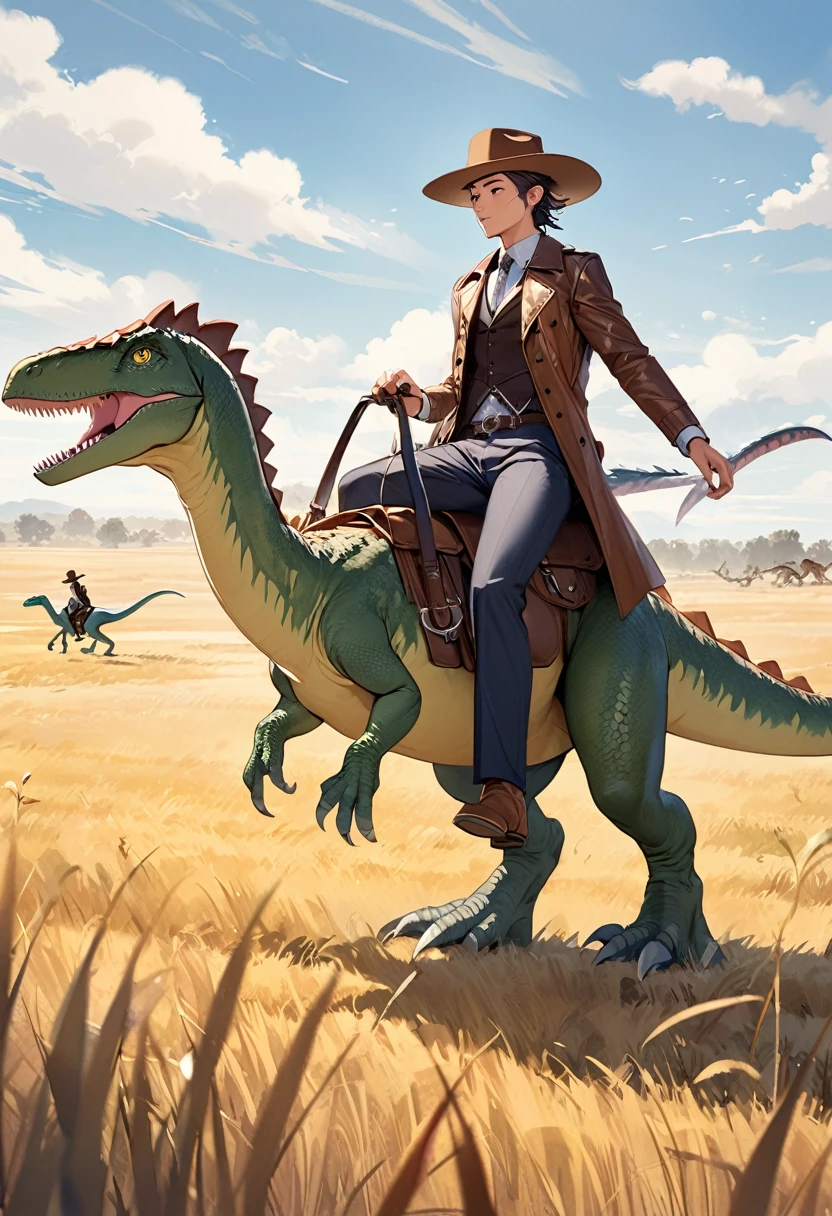 Western hat, dragon leather trench coat, vest, cutter shirt, slacks, western boots

Riding a small feathered bipedal dinosaur

Traveling through the prairies of the Midwest.