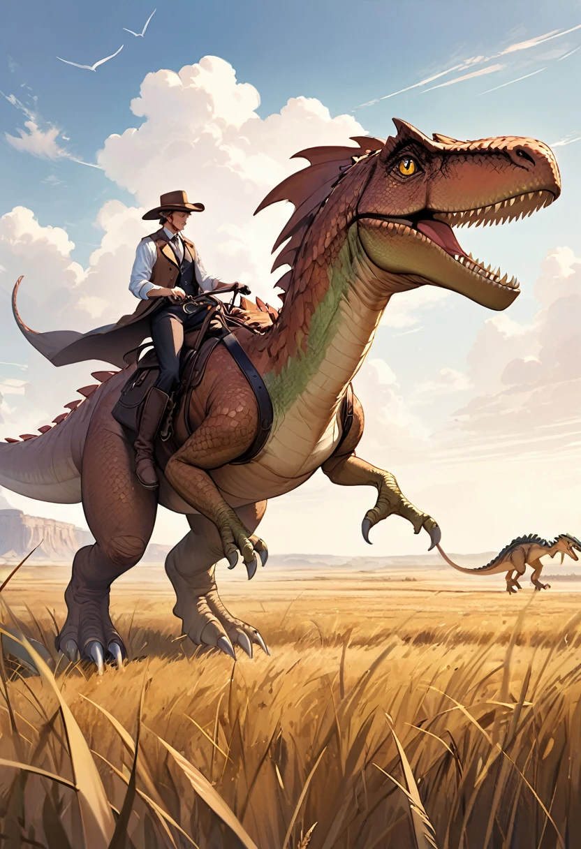 Western hat, dragon leather trench coat, vest, cutter shirt, slacks, western boots
Riding a small feathered bipedal dinosaur
Traveling through the prairies of the Midwest.