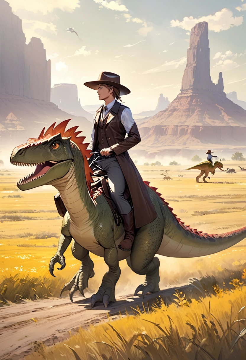 Western hat, dragon leather trench coat, vest, cutter shirt, slacks, western boots

Riding a small feathered bipedal dinosaur

Traveling through the prairies of the Midwest.