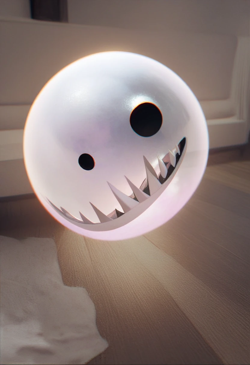bubble, solo, indoors, black eyes, no humans, sharp teeth, orb,