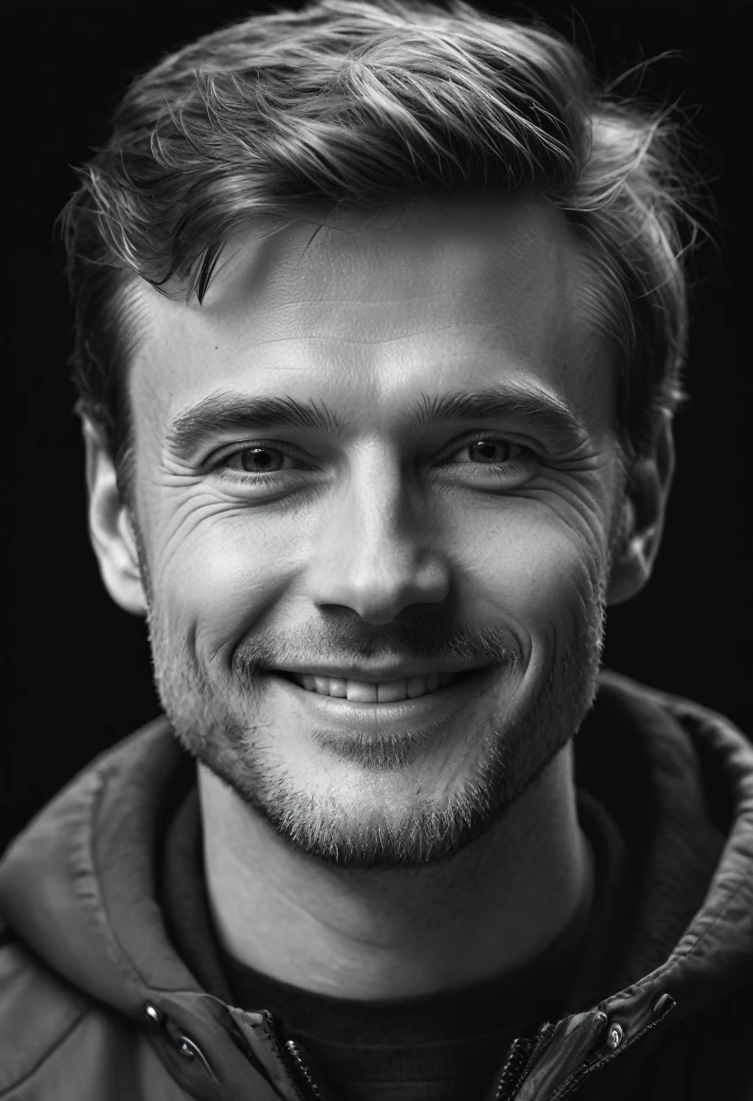 Black and white portrait of a white man on a dark background, small smile, hyperrealistic image