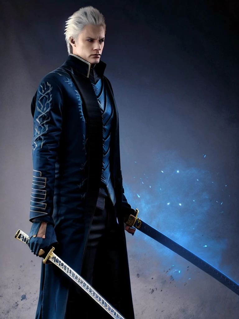 Vergil, blue clothing, robe, katana with white handle, devil may cry, white hair, slick back, blue eyes, cold stare, holding katana, detailed, realistic