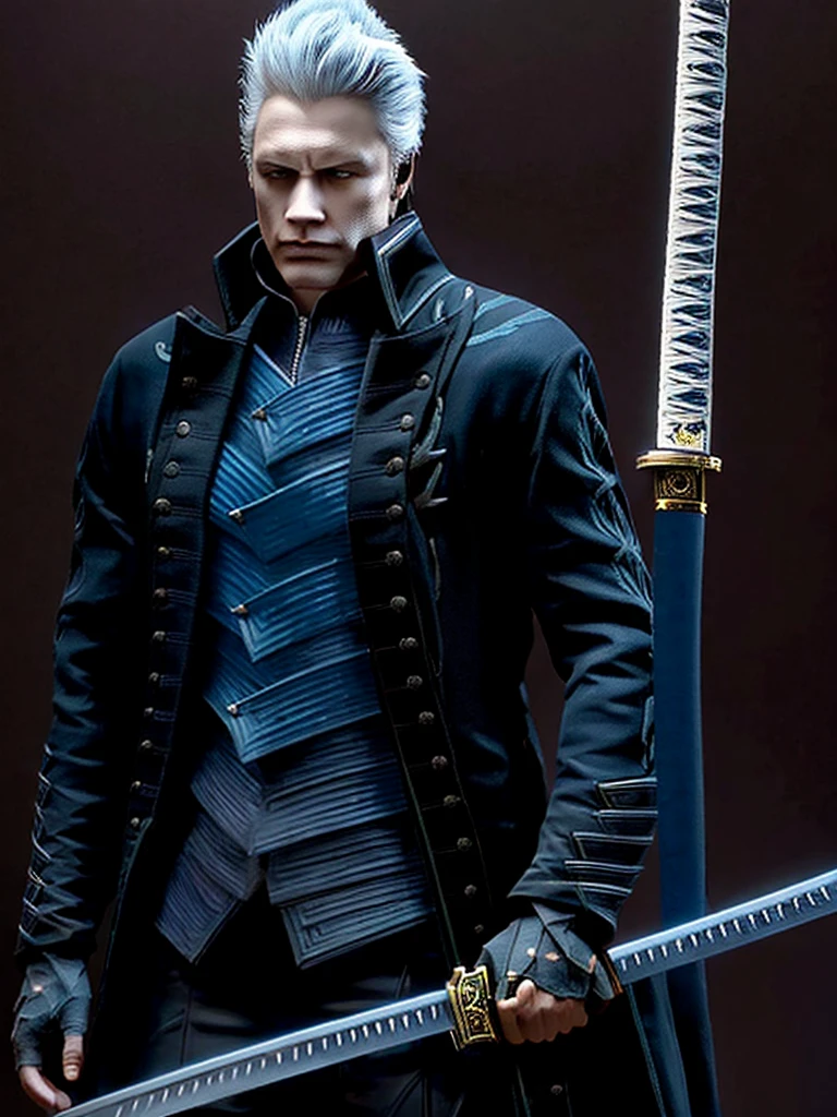 Vergil, blue clothing, robe, katana with white handle, devil may cry, white hair, slick back, blue eyes, cold stare, holding katana, detailed, realistic