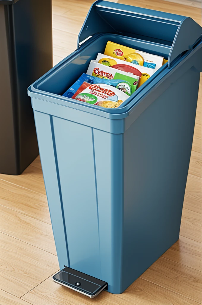 Cartoon of an automatic garbage can that changes the single plastic bag, has battery and sensor