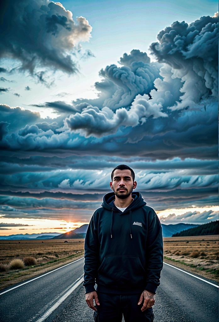 a latin man, 28 years old dark, without so much front, with medium comb over haircut, for the side and beard black, Warmly dressed in a hooded sweatshirt, he looks at the horizon and thinks about his entire life., 1 man on the scene in the distance, far has to be far, in the middle of a road, surrounded by field, without mountains. calm and peaceful composition, wide angle camera scene, contemplative scene, full body shot, all cloudy and dark , movie perspective, High Definition, photorealistic