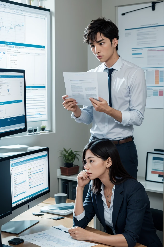 The person is now in a well-organized home office environment, with a goals chart on the wall and financial growth charts on the computer monitor. The expression is one of focus and determination.