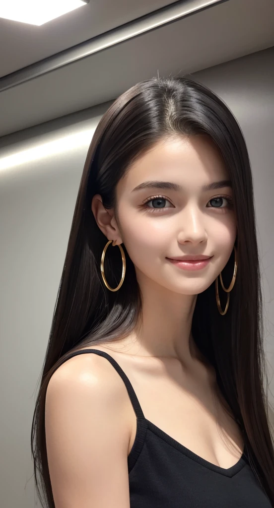 Beautiful teenager, incomparable beauty ,topless:1.2, looking to the camera, cinematic lighting, perfect, Luz outfit, high resolution skin:1.2, realistic skin texture, beautiful 15-year-old girl、a small face、small gold hoop earrings、, off the shoulders, 32c breasts, Blue eyes, very black hair on my shoulders, dark black hair、Full body photo、neutral background , looking straight at the target and with a nice and pleasant smile