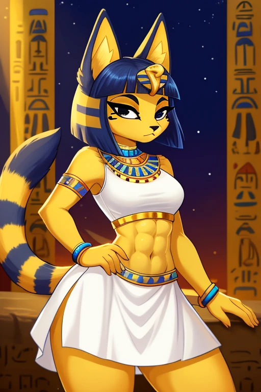 ((best quality)), ((masterpiece)), (detailed), a digital artwork of ankha with abs wearing a crop top of her white sleeveless dress with white long dress skirt, a bare midriff and a bare navel, Egyptian setting, tail, blue Egyptian handbands, furry, anthro style,
