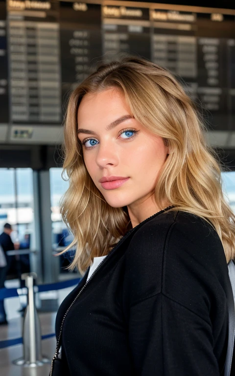 belle blonde portant un pull noir (in an airport), very detailed, 21 ans, visage innocent, natural wavy hair, blue eye, high resolution, head of'artwork, best quality, intricate details, very detailed, sharpness, detailed skin, realistic skin texture, texture, detailed eyes, Professionnel, 4K, charming smile, shot with Canon, 85mm, shallow depth of field, Kodak Vision Color, corps parfaitement ajusté, extremely detailed, Photo_\(ultra\), photorealistic, realistic, Post-traitement, maximum detail, roughness, real life, ultra realistic, photorealism, la photographie, 8k uh, la photographie