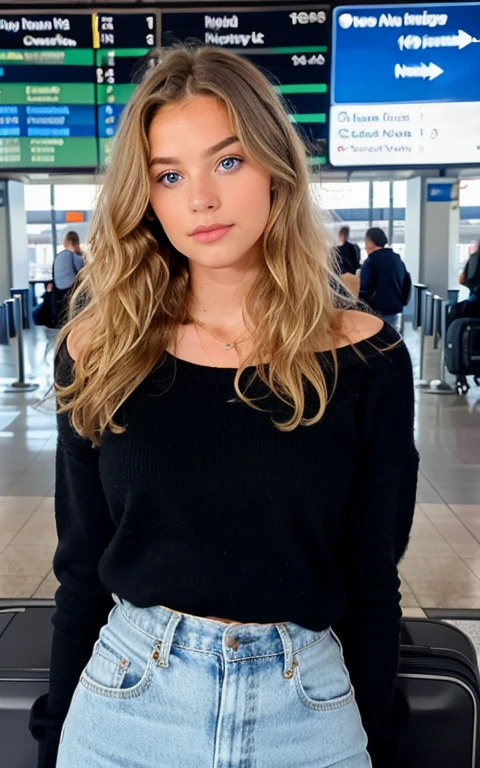 belle blonde portant un pull noir (in an airport), very detailed, 21 ans, visage innocent, natural wavy hair, blue eye, high resolution, head of&#39;artwork, best quality, intricate details, very detailed, sharpness, detailed skin, realistic skin texture, texture, detailed eyes, Professionnel, 4K, charming smile, shot with Canon, 85mm, shallow depth of field, Kodak Vision Color, corps parfaitement ajusté, extremely detailed, Photo_\(ultra\), photorealistic, realistic, Post-traitement, maximum detail, roughness, real life, ultra realistic, photorealism, la photographie, 8k uh, la photographie
