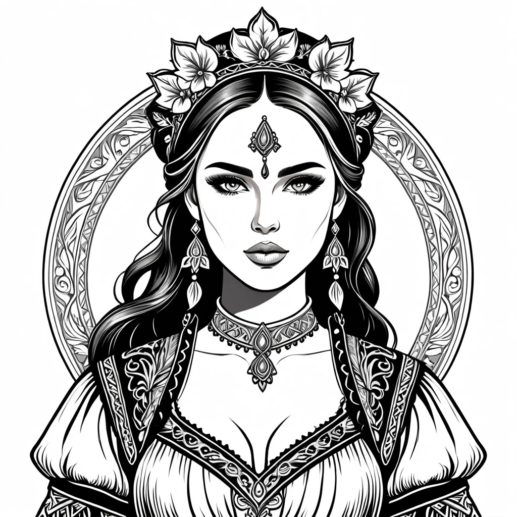 medieval fantasy woman in folk outfit, vector graphics, strong contours