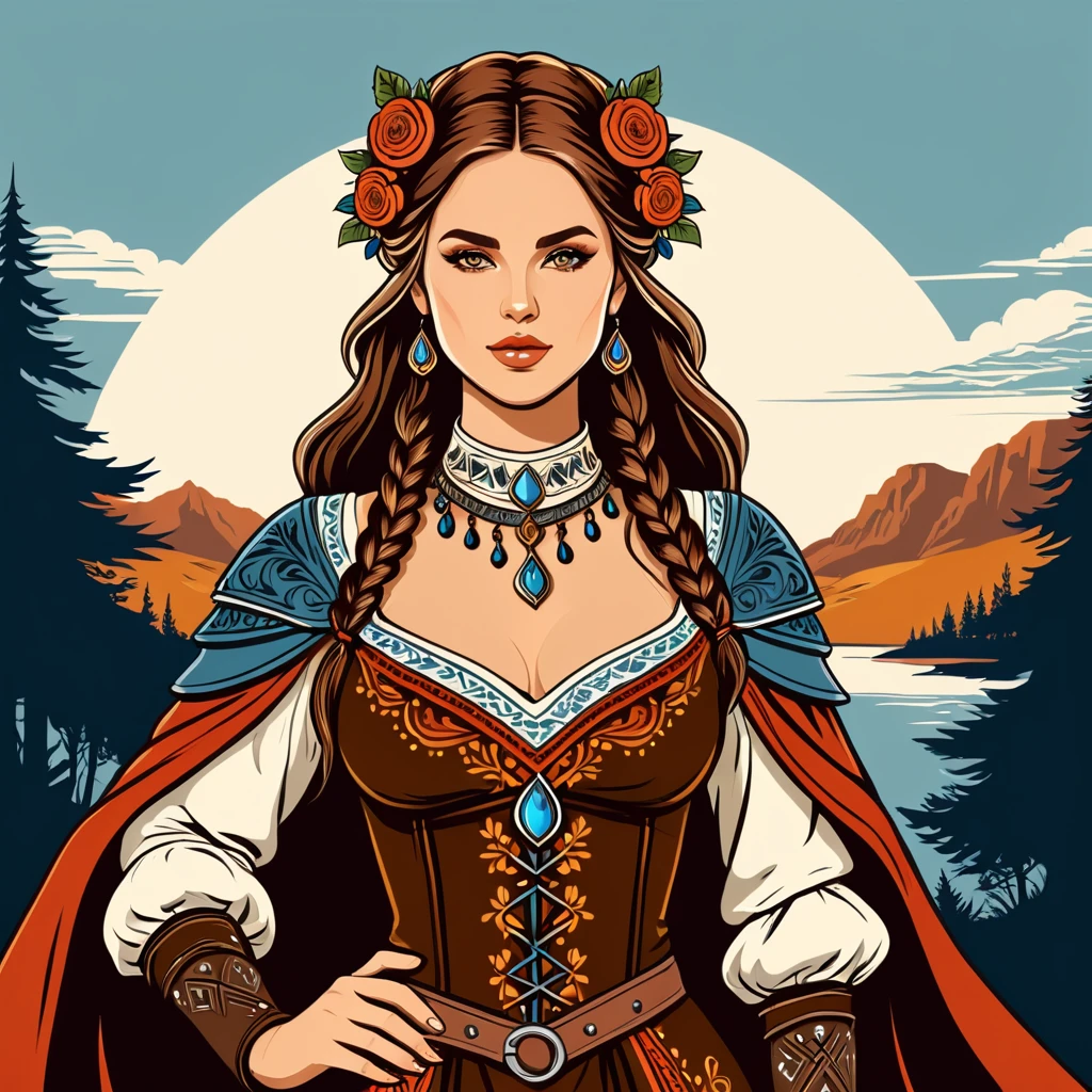 medieval fantasy woman in folk outfit, vector graphics, strong contours