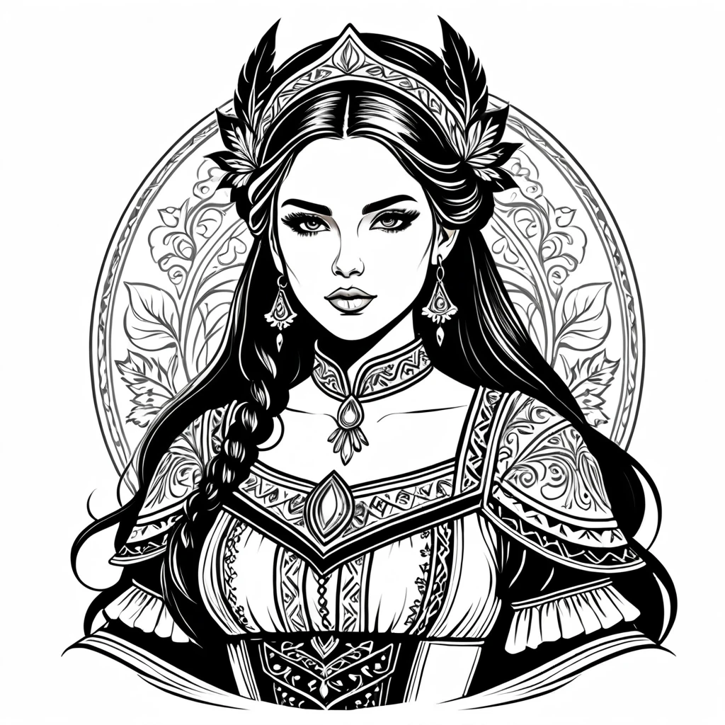 medieval fantasy woman in folk outfit, vector graphics, strong contours
