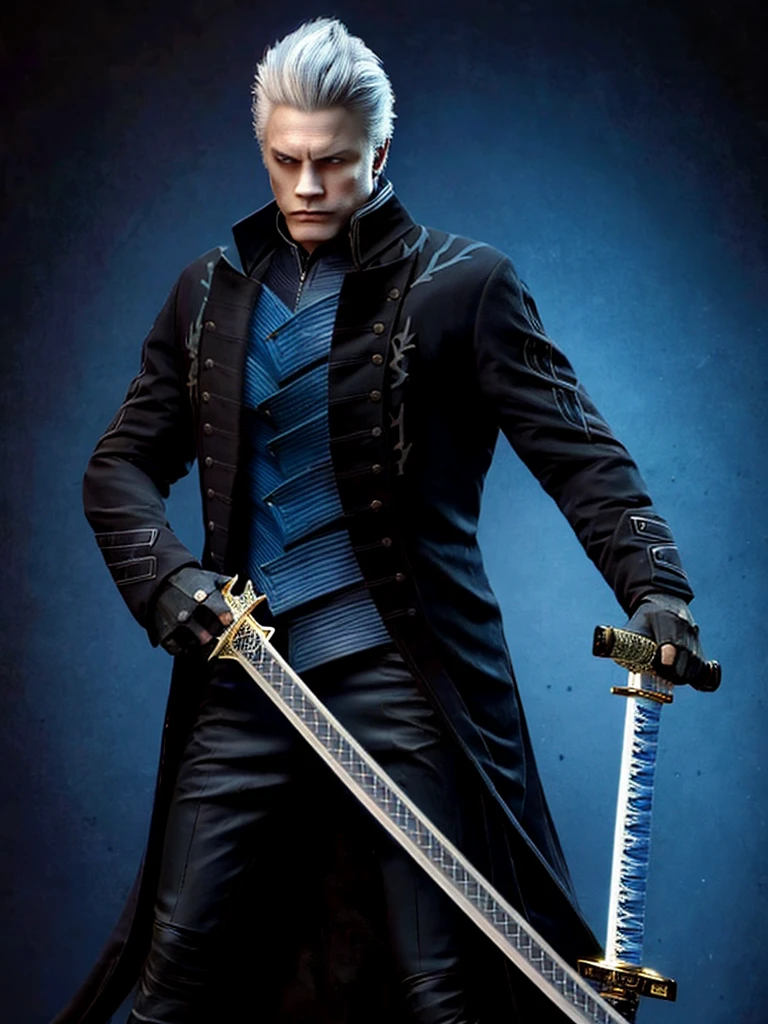 Vergil, blue clothing, robe, katana with white handle, devil may cry, white hair, slick back, blue eyes, cold stare, holding katana, detailed, realistic, dynamic pose, swinging katana, facing viewer