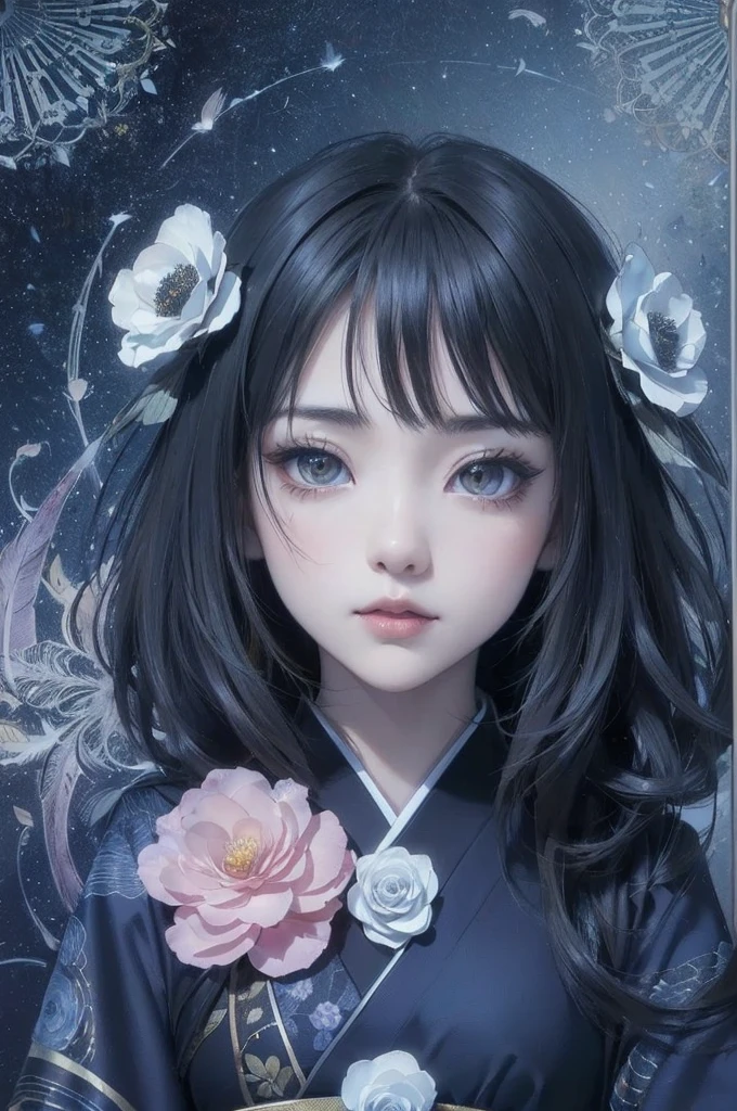 Looking up,Facing forward,Front view,((Highly detailed CG unit 8k wallpaper, masterpiece, High resolution, highest quality, highest qualityのリアルテクスチャスキン)), ((very beautiful woman, Komatsu, :1.5, plump lips, Japanese pattern haori)), (messy black hair, white skin, small breasts), ((and handle background, Colorful background with roses and feathers、Gold and black warm color)), hyper realistic, digital painting, concept art,black&Gold Kimono,Girl looking straight ahead,セクシー