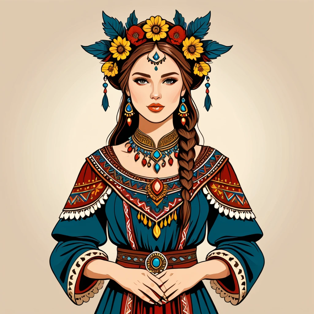 prefistoric fantasy woman in folk outfit, vector graphics, strong contours
