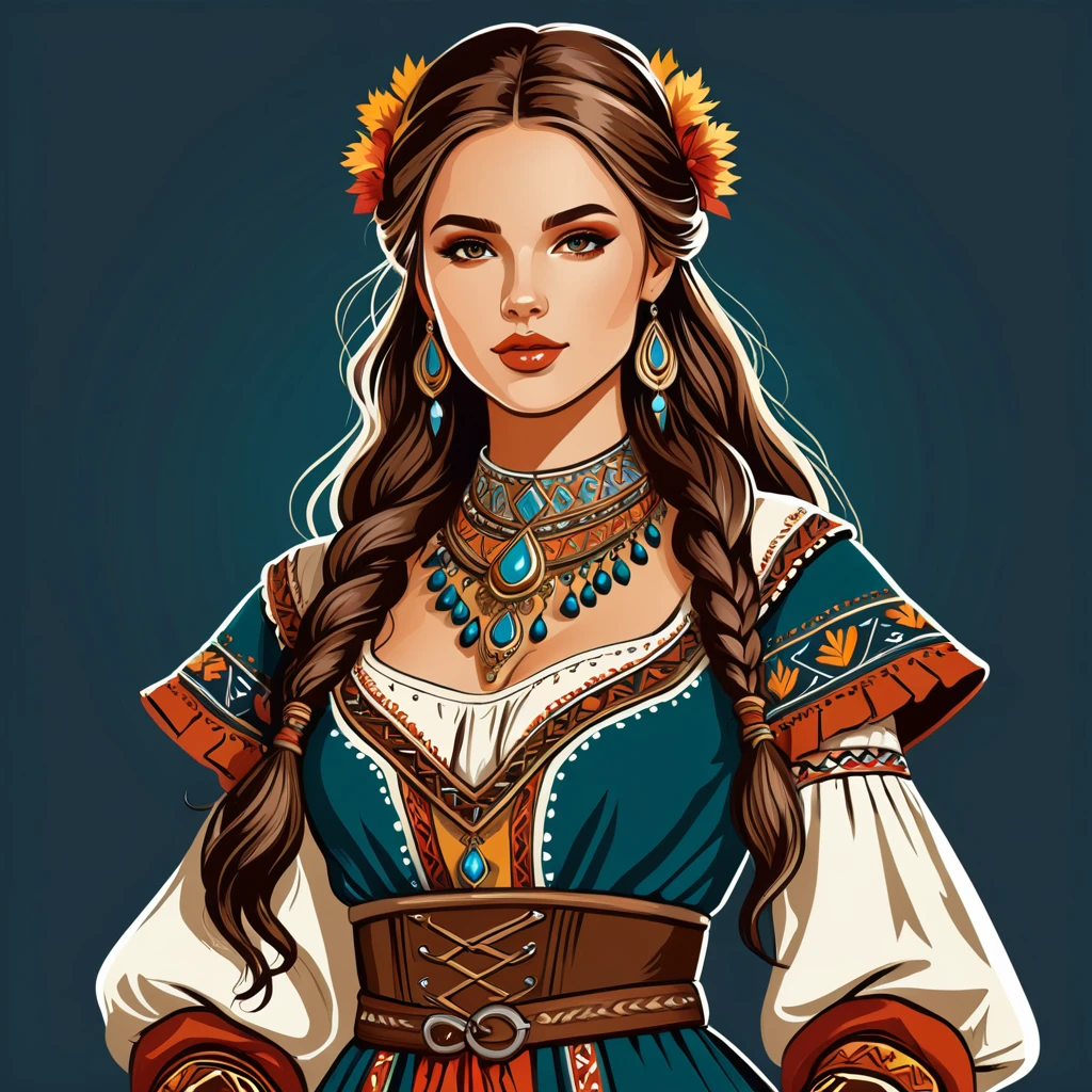 prefistoric fantasy woman in folk outfit, vector graphics, strong contours