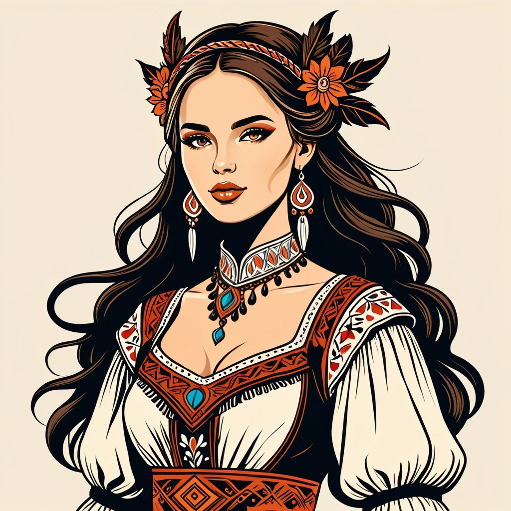 prefistoric fantasy woman in folk outfit, vector graphics, strong contours
