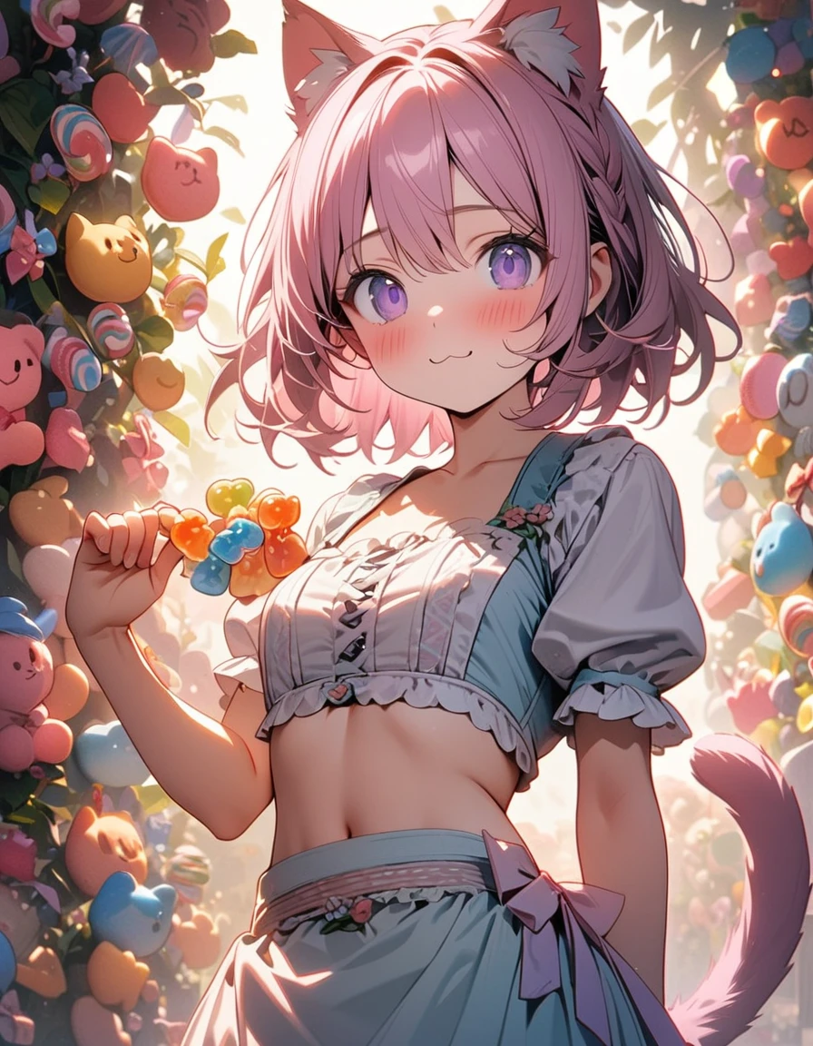 (8K, best quality, master piece: 1.2),super high resolution,1 girl,,solo,ultra-detailed face,deep detailed eyes,purple eye,(holding "Haribo Gummy Bears"),the girl has pink hair,very short hair,cat ears,cat tail,blush,(crop top, dirndl:1.2),:3,looking at viewer,cowboy shot,rim light,Candy Garden