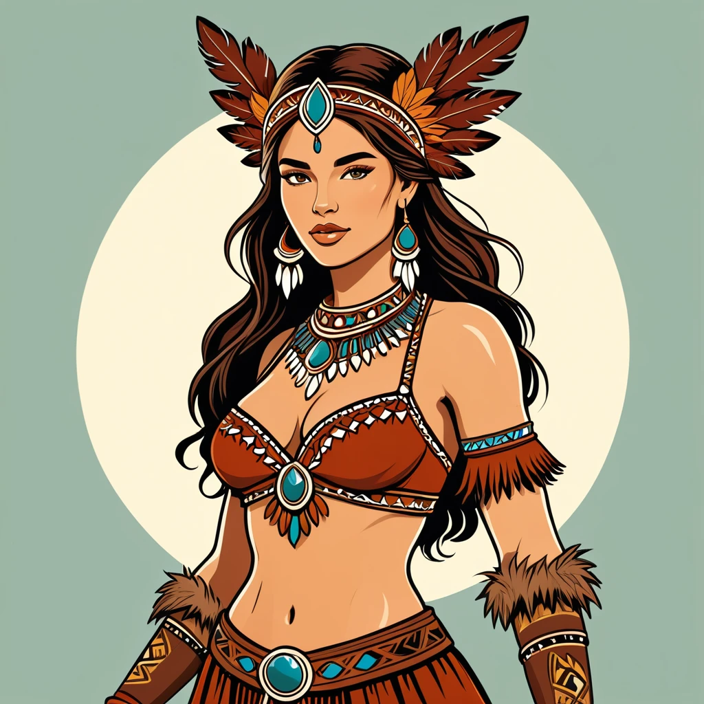 prehistoric fantasy woman in folk outfit, vector graphics, strong contours