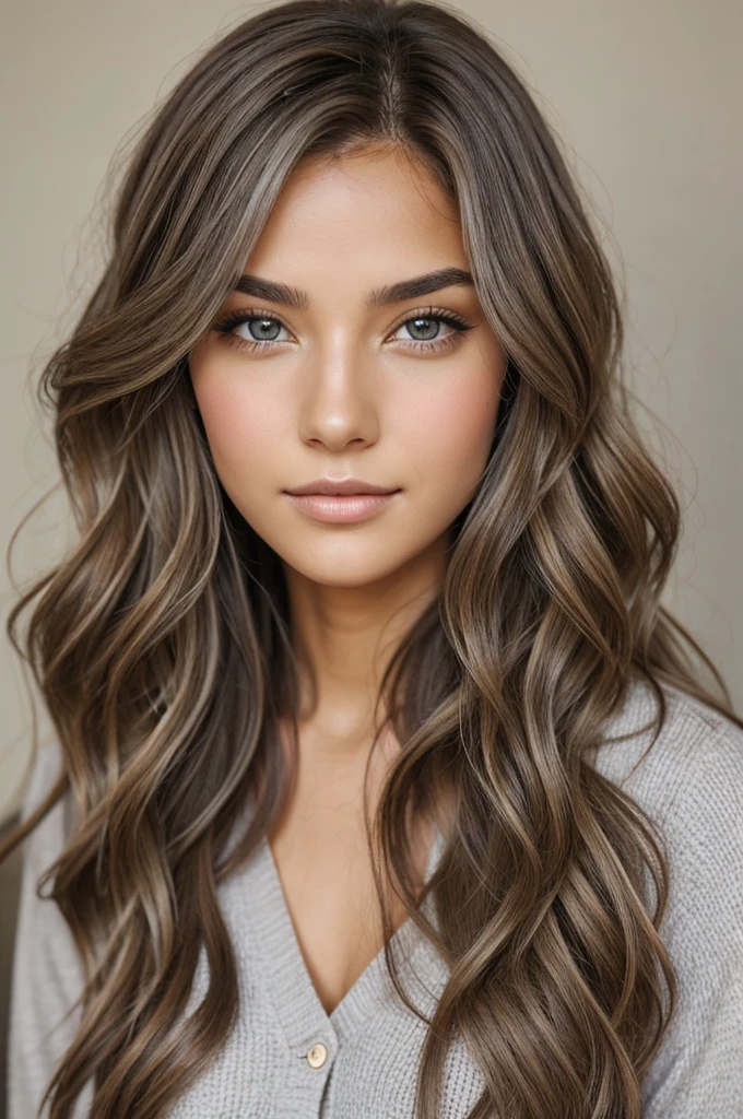 A beautiful woman with gray eyes, light brown wavy hair 