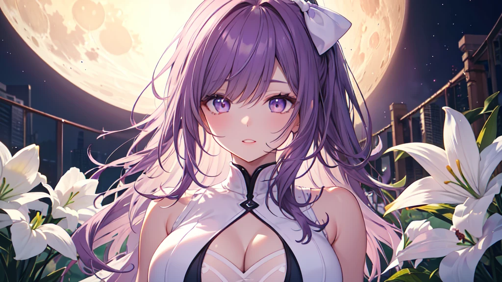 Best quality at best,4K,8K,A high resolution,tmasterpiece:1.2),ultra - detailed,actual, HighDynamicRange,hyper HD,Studio lighting,Ultra-fine painting,Focus sharp,physically-based renderingt,Extremely detailed description,professional,vivd colour,bokeh,girl,Those girls,beautidful eyes,beautiful detailed lips,Extremely detailed eyes and face,Long eyelashes,sporty attire,The landscape,With gorgeous purple hair,a pink eyes,middlebreast,Sexy figure,Vest line,Luxurious white dress,white bows,the lilies,Happy,face flushed,during night,themoon,Loose flowers,Elegant,Smooth skin,The mouth opened slightly,lipsticks