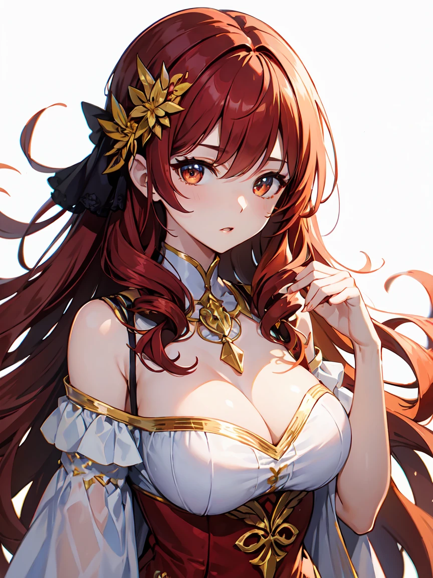 1 female、ruby red hair、long hair、curly hair、{{{red and gold eyes}}}、thick lips、White and red dress、off shoulder、slim、valley、big breasts、sunlight、{{{without background, no background}}}, {{{white background}}}masterpiece、ultra high resolution、perfect lighting、16k 