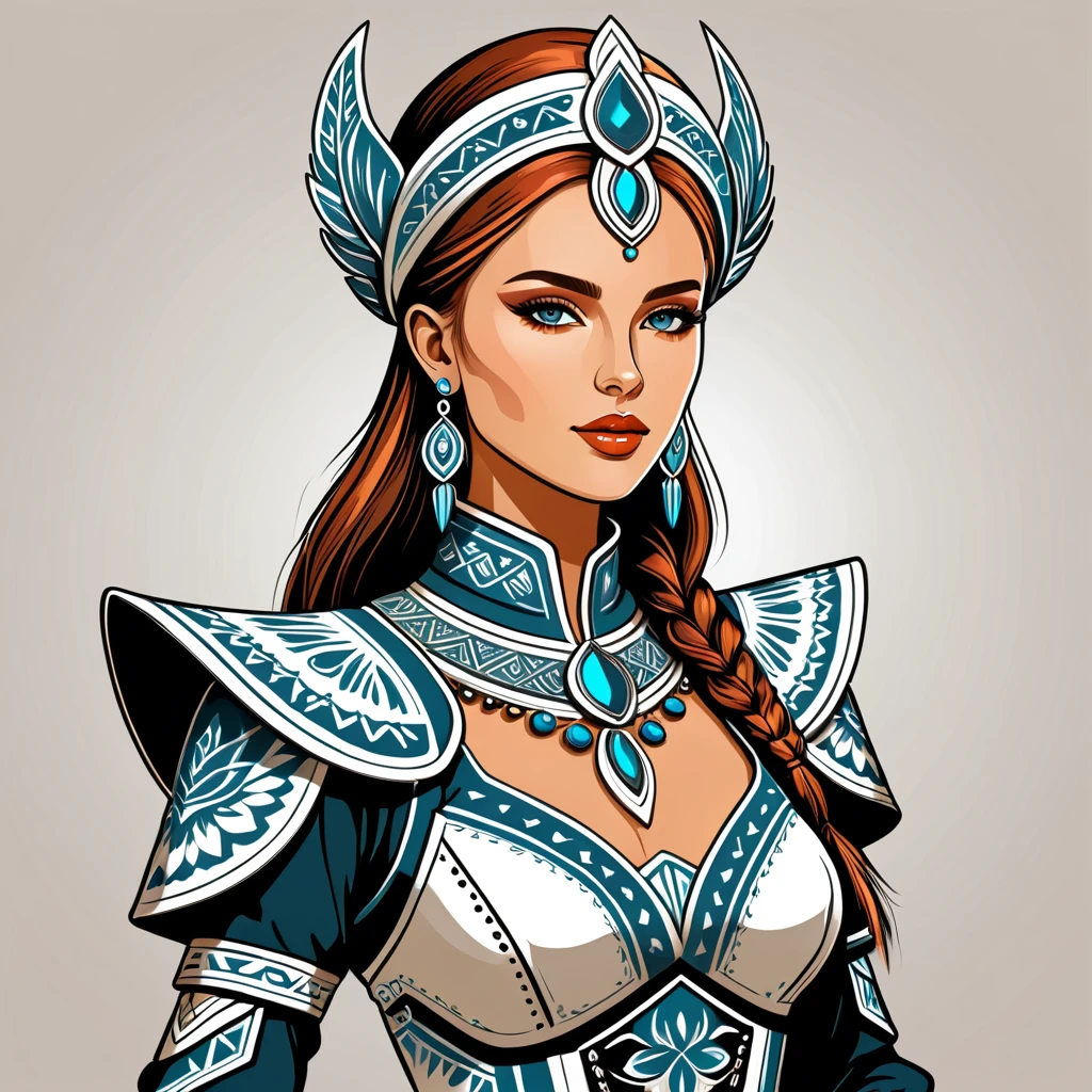 futuristic fantasy woman in folk outfit, vector graphics, strong contours