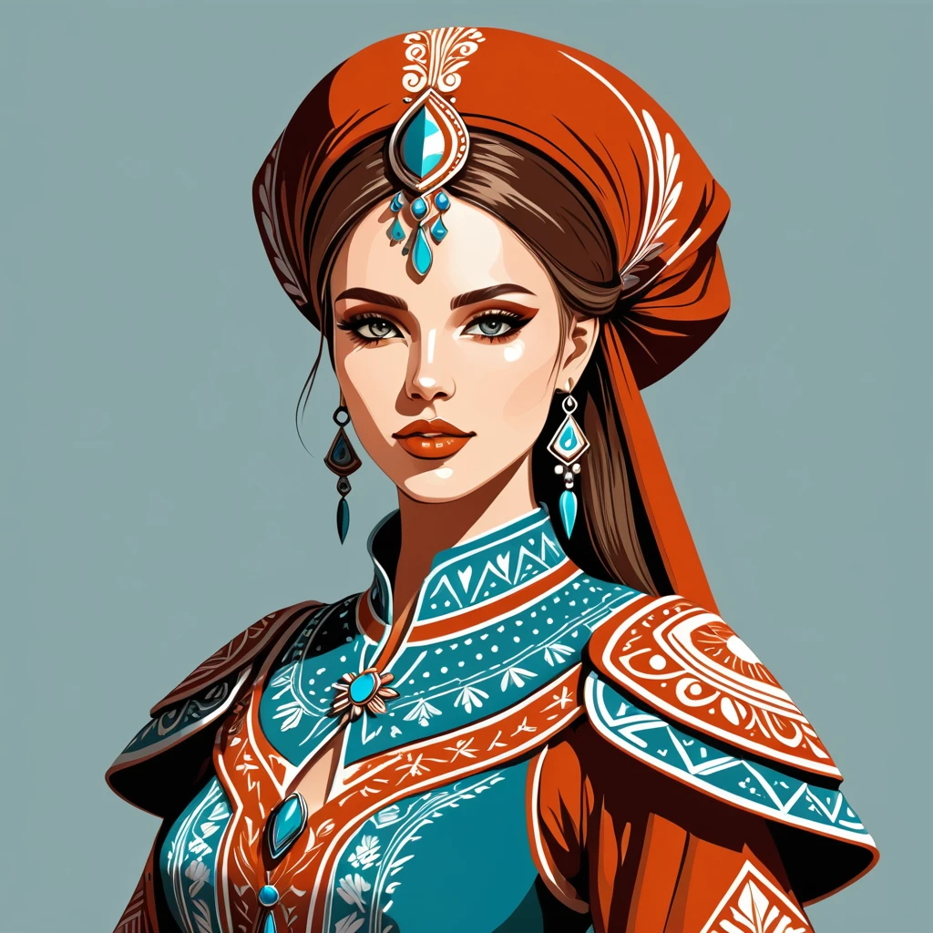 futuristic fantasy woman in folk outfit, vector graphics, strong contours
