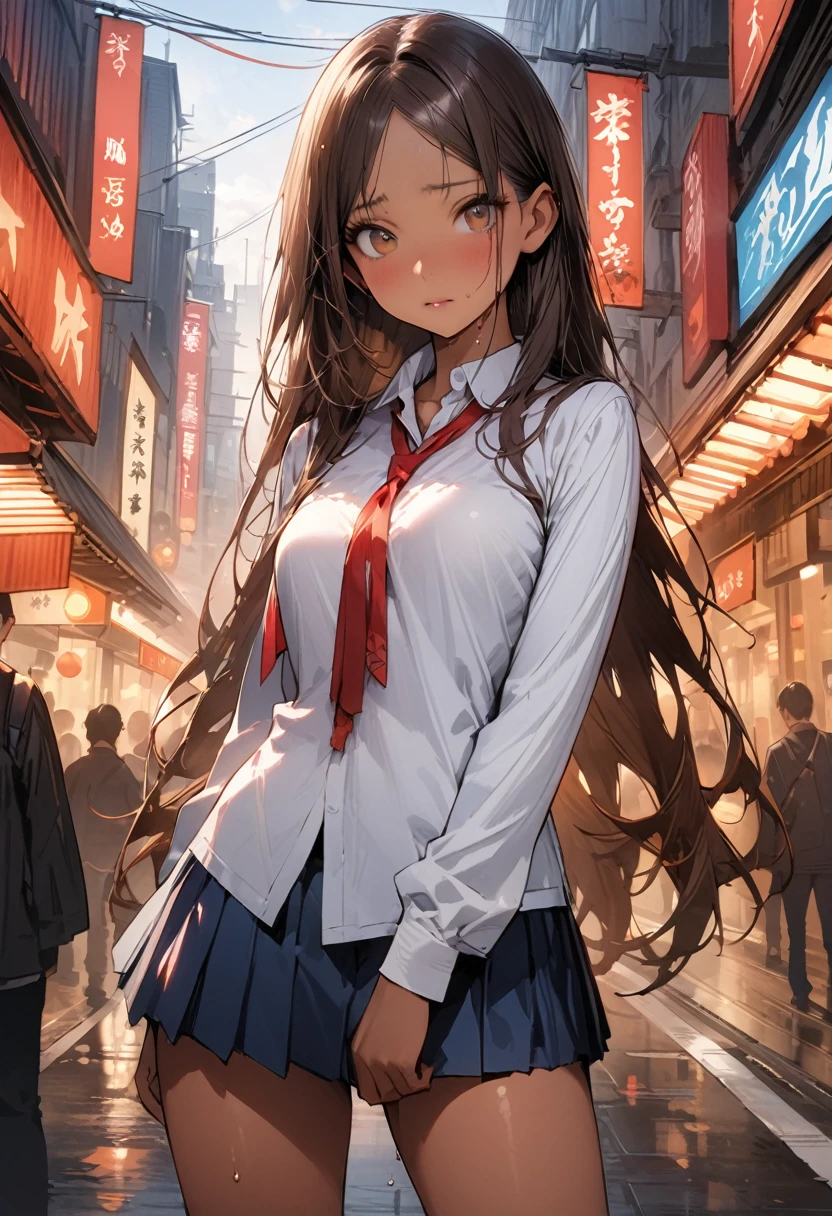 ((masterpiece,Highest quality:1.3,best quality illustration,realistic:1.3)),cowboy shot,独奏,1woman,(18-year-old、Japanese Beauty)、brown hair,long hair,(center parted bangs),brown eyes,gorgeous eyes,((very small head:1.3)),shy,((very long body:1.2,skinny)),medium breasts,(tan skin:1.3),(Red ribbon tie、White collared shirt、Long sleeve navy blue pleated mini skirt),sweat,gleaming skin,toned body,slender body,on street,Shibuya、Modern Tokyo、