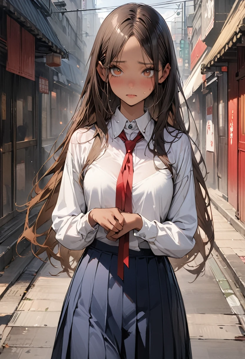 ((masterpiece,Highest quality:1.3,best quality illustration,realistic:1.3)),cowboy shot,独奏,1woman,(18-year-old、Japanese Beauty)、brown hair,long hair,(center parted bangs),brown eyes,gorgeous eyes,((very small head:1.3)),shy,((very long body:1.2,skinny)),medium breasts,(tan skin:1.3),(Red ribbon tie、White collared shirt、Long sleeve navy blue pleated mini skirt),sweat,gleaming skin,toned body,slender body,on street,Shibuya、Modern Tokyo、