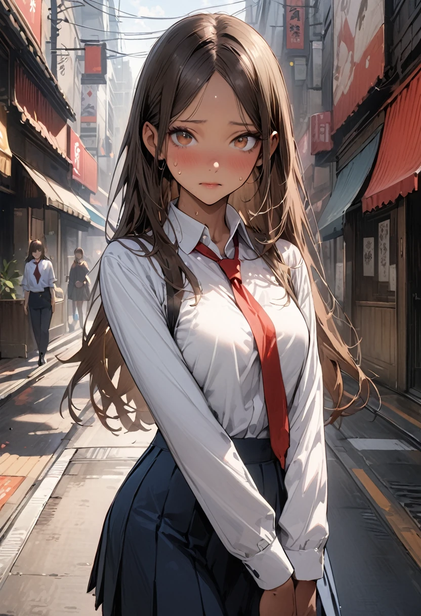 ((masterpiece,Highest quality:1.3,best quality illustration,realistic:1.3)),cowboy shot,独奏,1woman,(18-year-old、Japanese Beauty)、brown hair,long hair,(center parted bangs),brown eyes,gorgeous eyes,((very small head:1.3)),shy,((very long body:1.2,skinny)),medium breasts,(tan skin:1.3),(Red ribbon tie、White collared shirt、Long sleeve navy blue pleated mini skirt),sweat,gleaming skin,toned body,slender body,on street,Shibuya、Modern Tokyo、