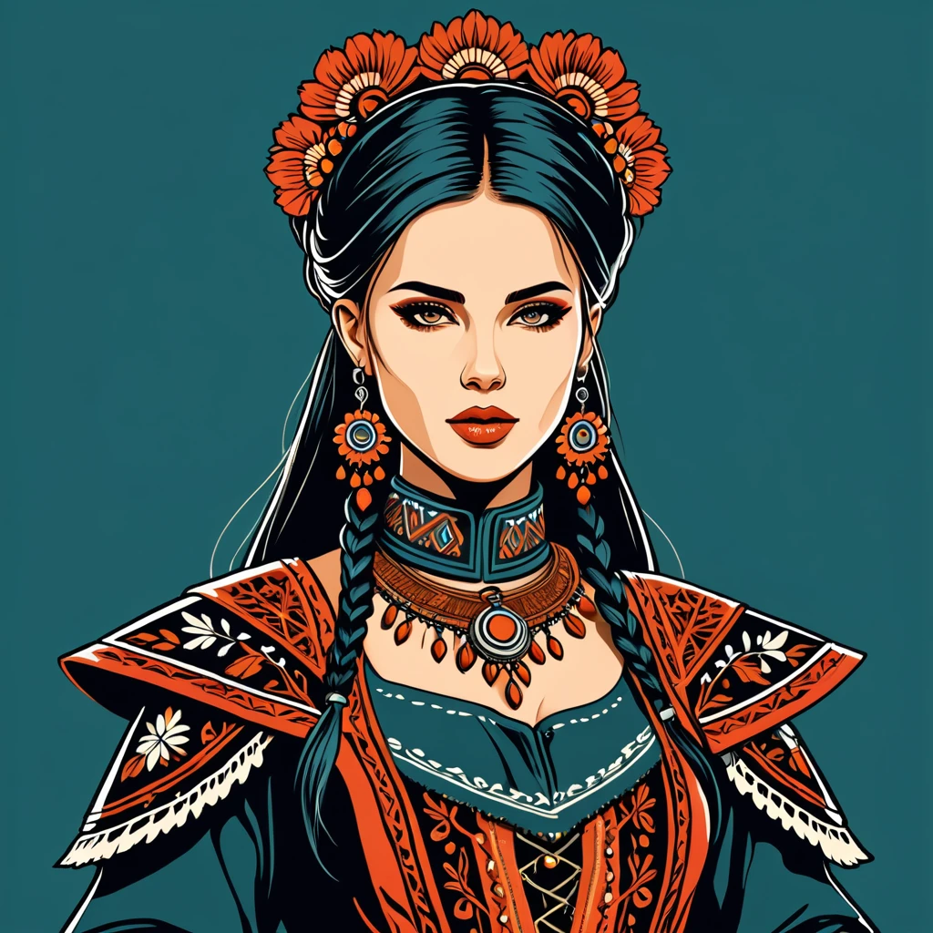 cyberpunk woman in folk outfit, vector graphics, strong contours