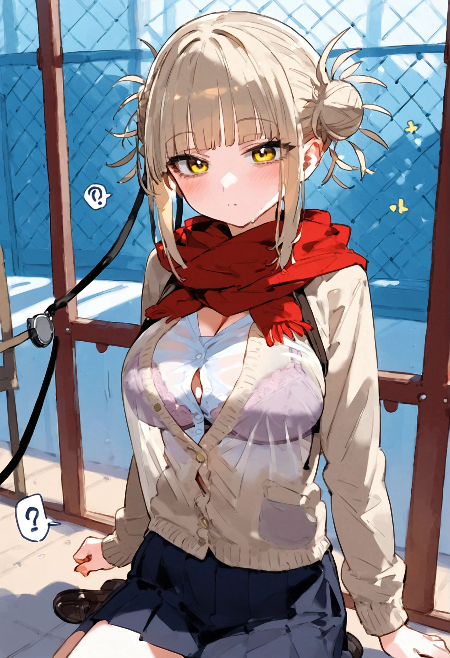 anime art, punctuation_9, punctuation_8_High above, punctuation_7_High above, punctuation_6_High above, punctuation_5_High above, punctuation_4_High above, toga himiko, breasts big, She is 24 years old, styled_3, ,,, yellow  eyes , , , , _, , His usual outfit consists of a simple seifuku with a very short Kansai collar and a wet, translucent texture., with the eyes appearing a little., both the short skirt showing the thin, translucent white panties and the small, transparent dark blue shirt with a double white finish, really small, which is combined with a red scarf that she ties loosely below almost falling down. On top of this, She wears a small beige cardigan with small hem and cuffs , and pockets on both sides, the one on the right shows a series of trinkets on a keychain or on a cell phone strap. She wears black knee-high socks and dark brown school shoes.. fundo cinza, the view would be of her from the coast and a view below her, your ass would be very big and your panties would be very thin, the poico skirt covered it, and she wasn&#39;t wearing a bra under her see-through t-shirt, causing your nipple to show, bigger and more visible breasts, song much more transparent, more apparent and voluminous intimacy