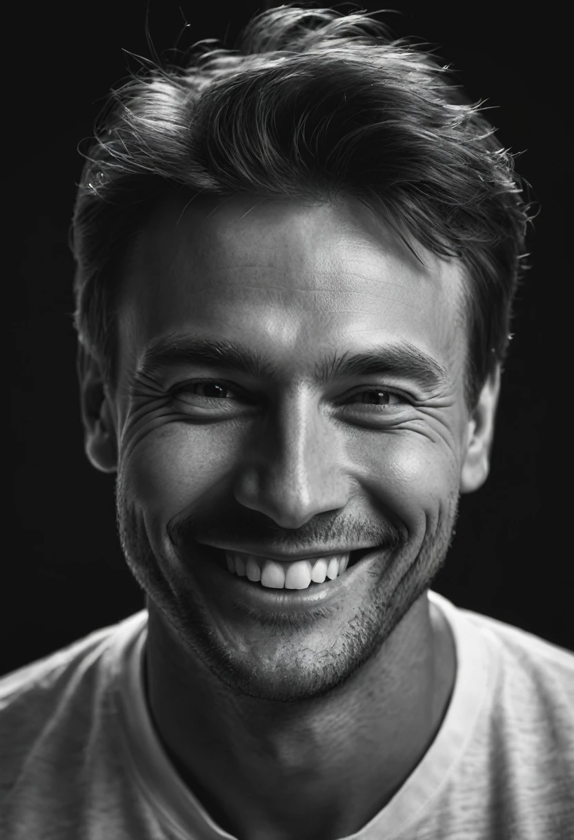 Black and white portrait of a smiling Caucasian man on a dark background, hyperrealistic image 