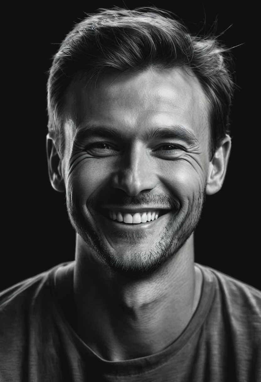Black and white portrait of a smiling Caucasian man on a dark background, hyperrealistic image