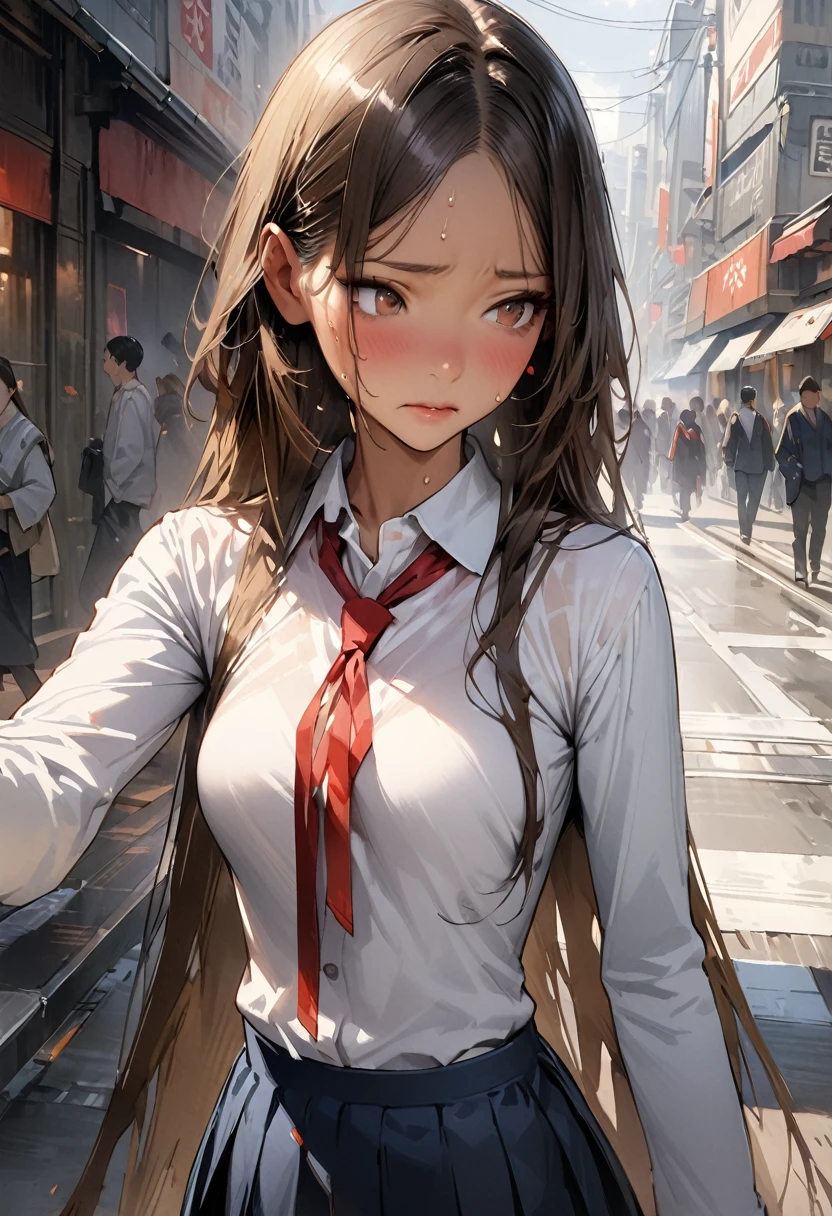 ((masterpiece,Highest quality:1.3,best quality illustration,realistic:1.5)),cowboy shot,独奏,1woman,(18-year-old、Japanese Beauty)、brown hair,long hair,(center parted bangs),brown eyes,gorgeous eyes,((very small head:1.3)),shy,((very long body:1.2,skinny)),medium breasts,(tan skin:1.3),(Red ribbon tie、White collared shirt、Long sleeve navy blue pleated mini skirt),sweat,gleaming skin,toned body,slender body,on street,Shibuya、Modern Tokyo、