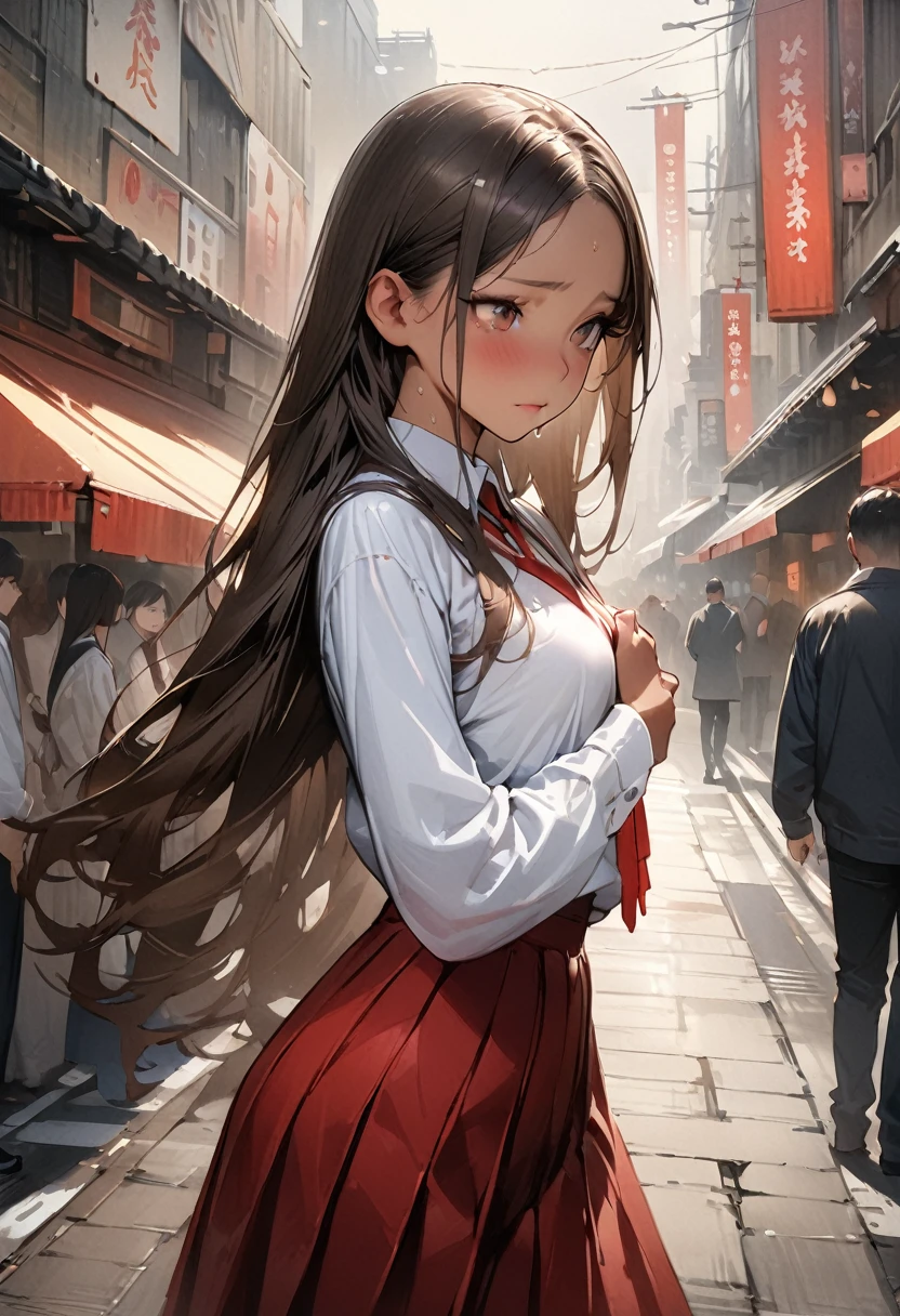 ((masterpiece,Highest quality:1.3,best quality illustration,realistic:1.5)),cowboy shot,独奏,1woman,(18-year-old、Japanese Beauty)、brown hair,long hair,(center parted bangs),brown eyes,gorgeous eyes,((very small head:1.3)),shy,((very long body:1.2,skinny)),medium breasts,(tan skin:1.3),(Red ribbon tie、White collared shirt、Long sleeve navy blue pleated mini skirt),sweat,gleaming skin,toned body,slender body,on street,Shibuya、Modern Tokyo、