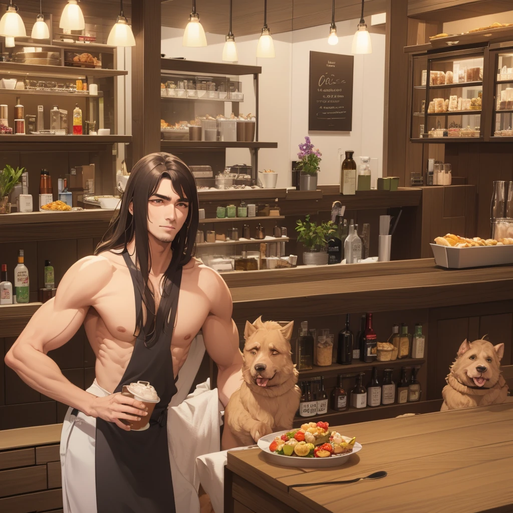 (Masterpiece), Best Quality, Perfect face, 2 Topless Hairy Shota Dogs, flushed, naked apron, serving food and drinks, coffee shop, innocent , Ribbons, restaurant, apron pulling,