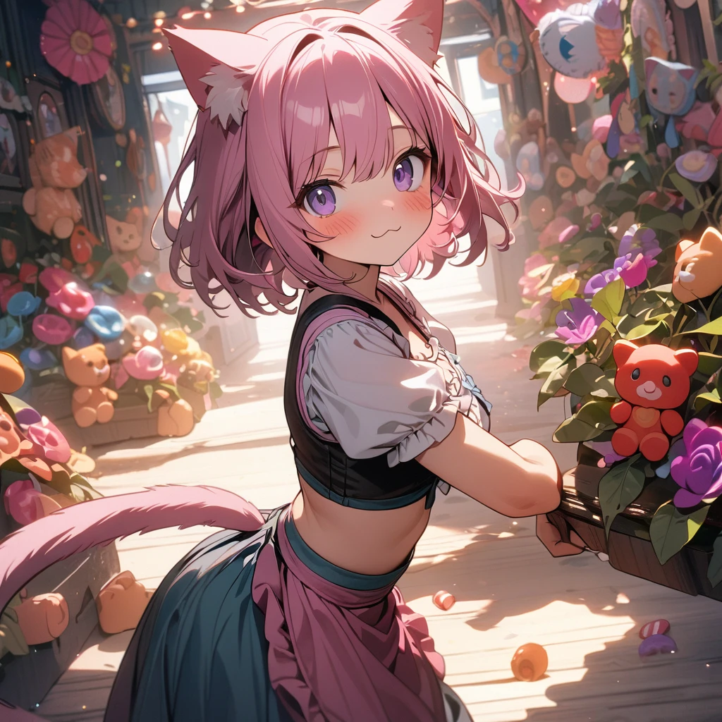 (8K, best quality, master piece: 1.2),super high resolution,1 girl,16yo,solo,ultra-detailed face,deep detailed eyes,purple eye,(holding "Haribo Gummy Bears"),the girl has pink hair,very short hair,cat ears,cat tail,blush,(crop top, dirndl:1.2),:3,looking at viewer,cowboy shot,rim light,Candy Garden