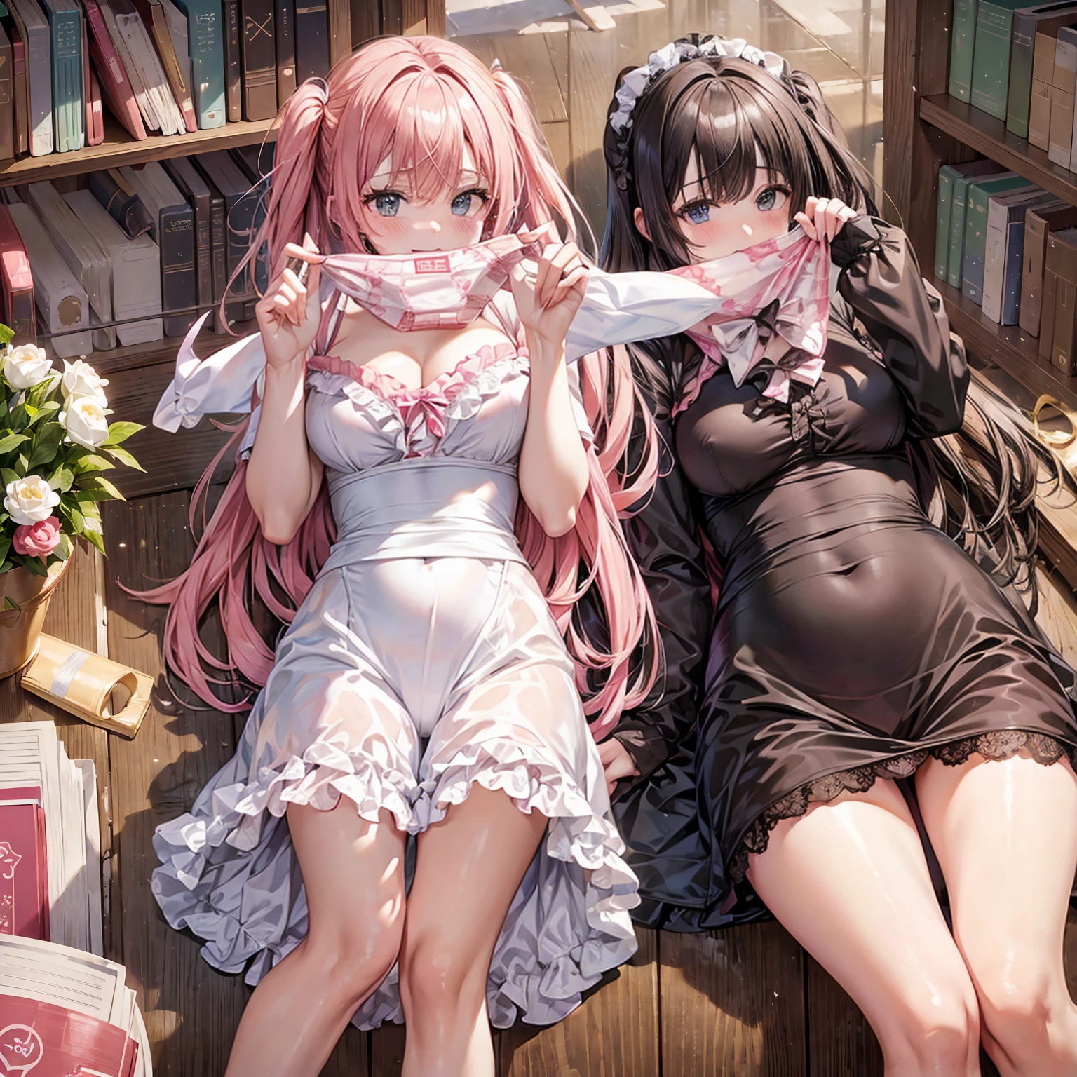 (((masterpiece, Highest quality, High resolution, 超High resolution, Pixel Perfect, Written boundary depth, 4K, About RTTX10.0))), Beautiful anime woman, Beautiful art style, Anime characters, ((Smooth texture, Againalistic texture, Anime CG Style)), Exact finger count、Exact number of legs、(Exact number of arms:1.0, Exact number of hands:1.0), (Perfect hands, Perfect Anatomy), Cinematic, Againalistic, Extremely detailed CG, Daytime lighting, Perfect lighting, Best Shadow, The best natural light, whole body, whole body, ((Again:Starting Life in Another World from Zero),(Againm)), ((She is showing her panties in her hands:1.3)), ((Sexy and cute panties, (Stylish shiny satin pink panties:1.2), Lace panties:1):1.3), (Beautiful and very large breasts:1.2), (Feeling embarrassed, (blush:1.2), (Embarrassed look:1.5), (library:1.5), Angle from the front, holding panties, Panties as a gift