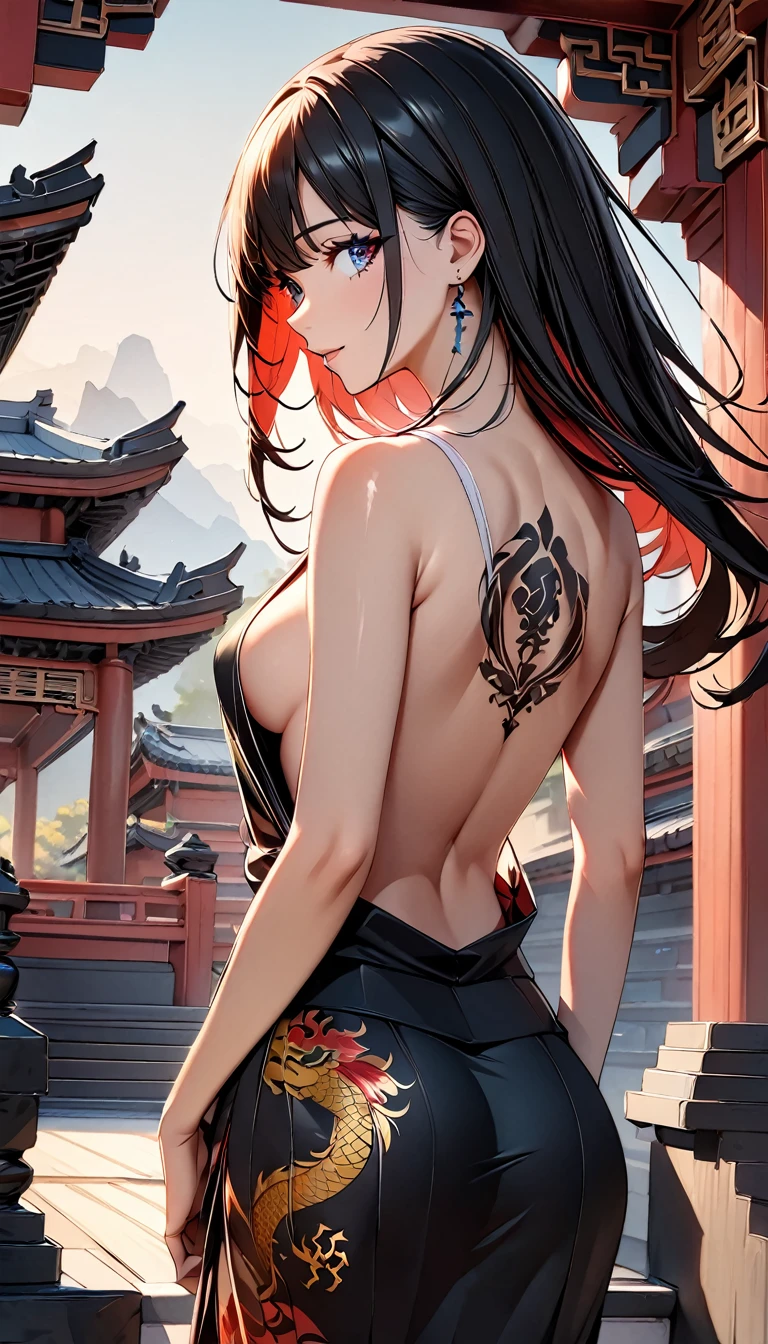 (highest quality:1.2, Very detailed, Latest, Vibrant, Ultra-high resolution, High Contrast, masterpiece:1.2, highest quality, Best aesthetics), (((1 girl))), 4k, From the back, big dragon tattoo on back, Tattoo on back,, Beautiful back, Pull up your hair, Nape, Detailed tattoo representation, Colorful tattoo dragon, Fine image, wearing kimono, The kimono is fluttering, kimono only covering legs, bare chest, bare back, Beautiful Skin, (Detailed Eye Expression:1.2), Beautiful woman looking back, Standing, Cowboy Shot, Black Hair, Long Hair, Dutch Angle, Full Body Shot. Chinese temple, simple background