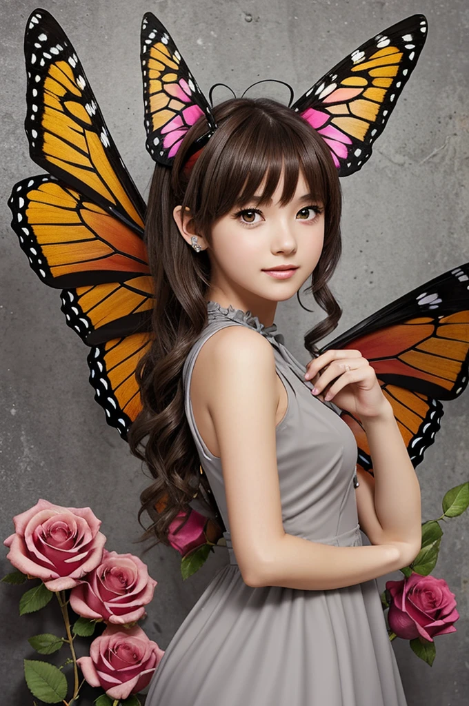 Anime image of a girl with medium brown hair, pointy ears, colorful butterfly wings and a gray dress with roses 