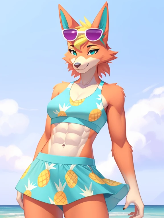 a digital artwork of audie with abs wearing a crop top of her  default turquoise and pineapple print dress  with turquoise and pineapple printskirt, a bare midriff and a bare navel , digital art, ((perfect face)), ((best quality)), ((masterpiece)), she has sunglasses on her forehead 