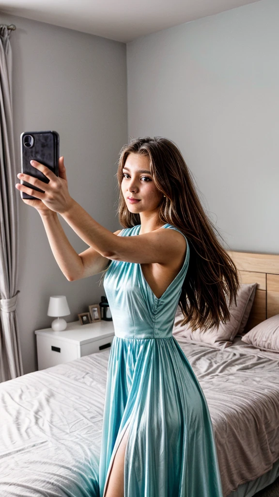 a young woman in an evening dress taking a selfie in her bedroom