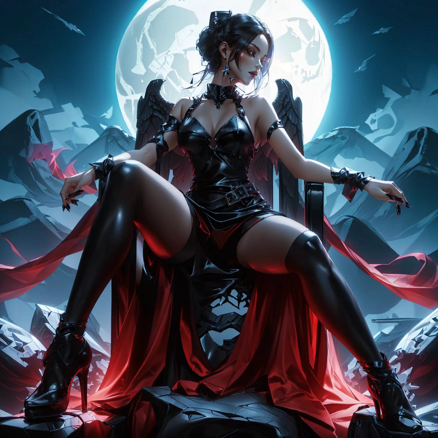 Woman, tight black leather outfit, sexy, stockings, showing thighs , See the waist , Sitting on a skull-shaped throne , Wings on the throne